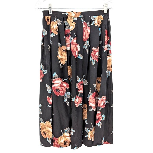 Worthington Dresses & Skirts - Vintage Floral Midi Skirt‎ Black Rayon Pleated Size 12 USA Made Cottage Boho